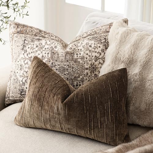 Image of Foindtower Pack of 2 Slubby Textured Chenille Throw Decorative Pillow Covers Lumbar Accent Solid Cushion Cover Neutral Farmhouse Pillow Case for Couch Sofa Bedroom Living Room 12x20 Inch,Dark Brown