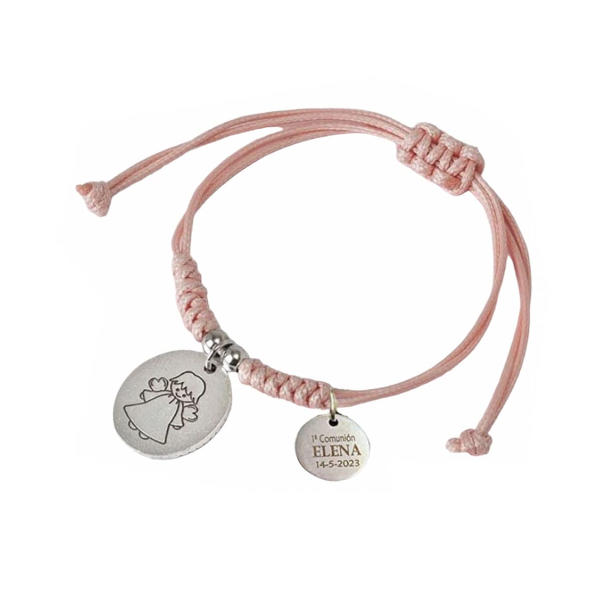 Pack 10 Pulseras Comunión BlancaPersonalizada con Chapa Grabada con Nombre Fecha - Lote 10 pulseras comunión con angelito de hilo rosa - Charm grabado - Detalle Comuniones Bautizos
