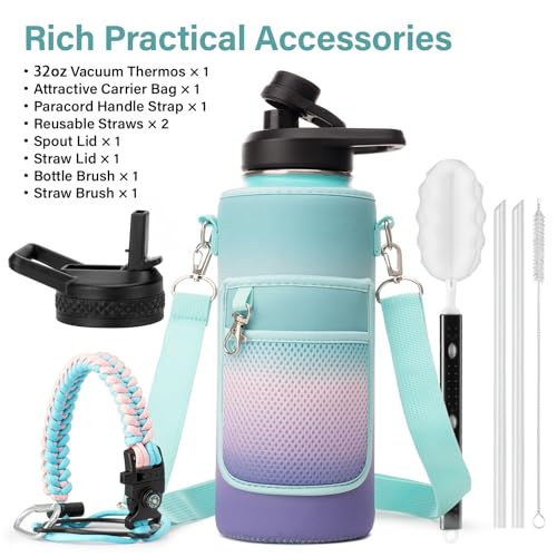 Insulated Water Bottle | Thickened Stainless Steel Vacuum Metal | Portable Sports Water Jug for Gym and Hiking with Straw, Carrier Bag, Handle Strap | BPA-Free 32 oz