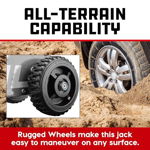 Image of Powerbuilt 1.5 Ton Big Wheel Off Road Jack, Vehicle Lift for Trucks, SUVs, ATVs Offroad Vehicles, Oversized Wheels for Rugged Terrain, 3000 LB Capacity, Grey 620627ECE