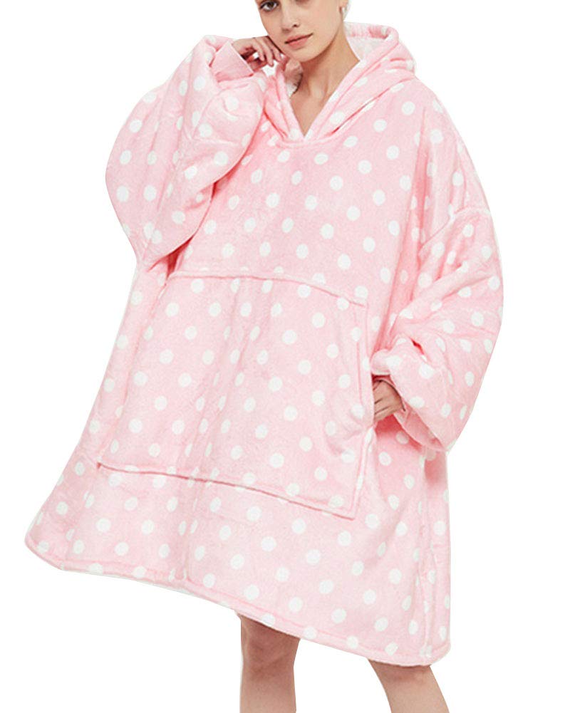 Damski koc z kapturem bardzo miękki, ciepły, puszysty nocny koc, narzuta na TV, solidna kieszeń przednia, bardzo duża bluza z kapturem Pinkdot one size