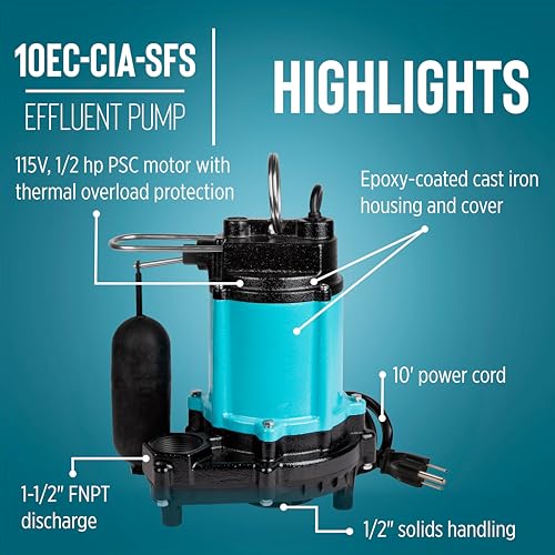 Image of Little Giant 10EC-CIA-SFS 115-Volt, 1 /2 HP, 4020 GPH Automatic Cast Iron Sump /Effluent Pump with polypropylene base, integrated snap-action float switch and 10-ft. cord, Blue, 510803