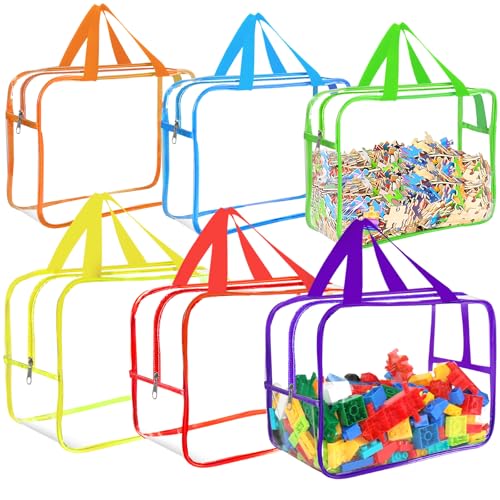 Image of 6 Colors Large Toy Storage Bags with Labels, Reusable Clear PVC Board Game Storage, Travel Waterproof Organizer Bags with Zipper for Building Blocks, Puzzle, Kids Books(3 large & 3 Widen X-Large)
