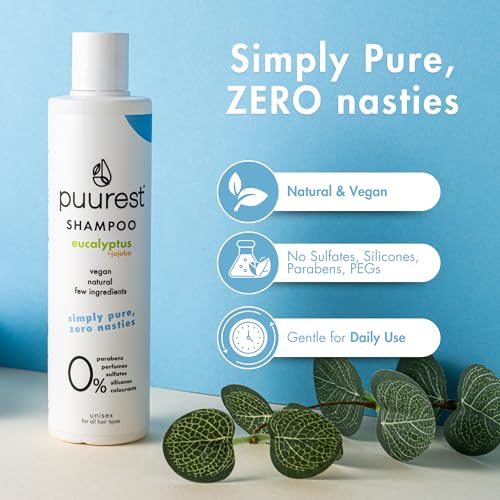 Puurest Shampoo ohne sulfate parabene und silikone, ohne alkohol, ohne salz - natural & vegan - sulfatfreies, parfümfrei - mit Eukalyptusöl & Jojobaöl, 250ml