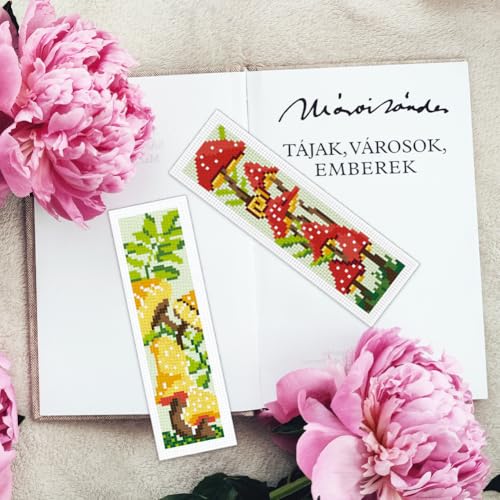 Image of INFUNLY 6pcs Mushroom DIY Cross Stitch Bookmark Kits 2.4''x7.9'' Plants Stamped Embroidery Bookmark Kit with Instruction Red Mushroom Embroidery Bookmark Set with Pre-Printed Plants for Book Lovers