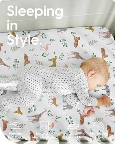 Image of Pack N Play Sheets Fitted, TotBasic Ultra Soft Mini Crib Sheets Safari, Premium Jersey Knit Pack and Play Sheets Neutral, Stretchy Play Yard Sheets for Pack and Play Mattress, 2 Pack (Rabbit Giraff)