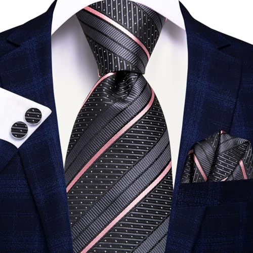 Image of Hi-Tie Silk Ties for Men Plaid Paisley Striped Necktie Pocket Square Cufflinks Set Formal Business