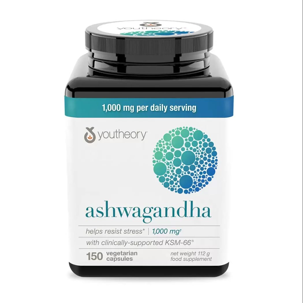 Youtheorry Ashwagandha Bienestar general, sin gluten, sin lácteos, 150 cápsulas vegetarianas