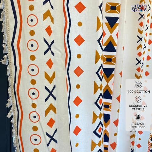 Image of Urban Space 100% Cotton Geometric Light-Filtering Curtain For Door,Boho Decorative Curtains 7 Feet Long With Eyelets & Tieback,2 Curtains Covers(Door,7 X 4Ft,Cushion Cover,16 X 16 Inch,Boho Orange)