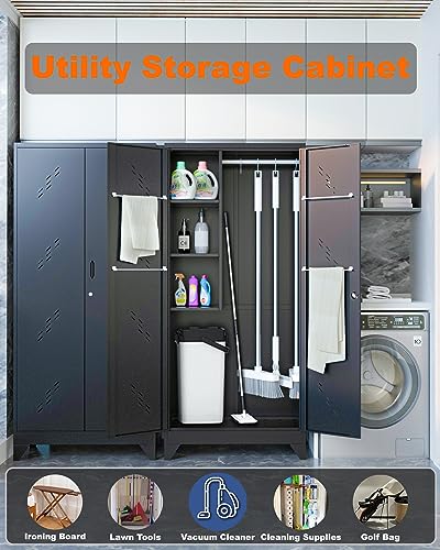 Image of 75 inch Metal Storage Cabinet with Lockable Doors, Functional Garage Storage Cabinets, Heavy-Duty Tool Organization Cabinet with Hanging Rod & S-Hooks (75 inch Utility Closet)
