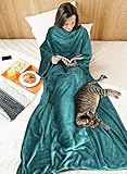 Wearable Blanket with Sleeves for Adult Women Men, Extra Soft Warm Cozy Micro Plush Lightweight Fleece Snuggy Body Blanket, TV Wrap Throw Blanket Robe with Pocket for Lounge Sofa Home Office, Green