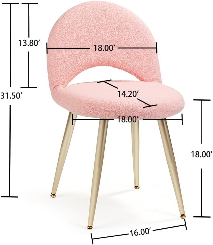 Vanity Chair with Adjustable Backrest, Boucle Upholstery Armless Makeup Stool, Pink Sherpa Vanity Stool with Gold Metal Legs for Bedroom Living Room Kitchen Dinning Room (Pink)