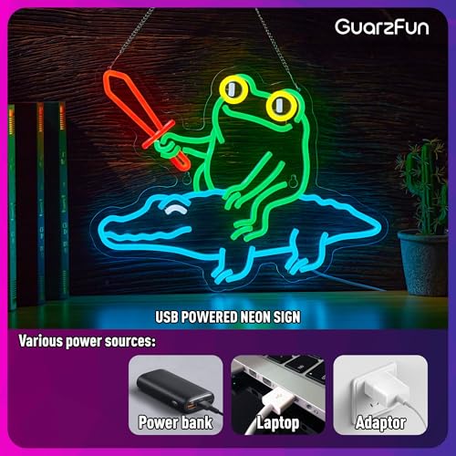 Image of Frog Neon Sign for Wall Decor Cartoon Frog Alligator Knight Crocodile Warrior Anime LED Light for Man Cave Room Home Party Birthday Bar Signs, USB Powered 16.5 X 12.6 inchs