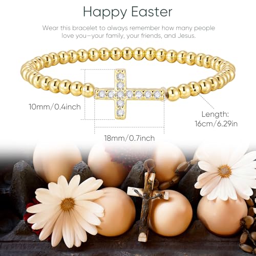 Gold Cross Bracelet for Women - 14K Gold Plated Stretch Beaded Bracelet - image 4