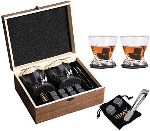Whiskey Stones and Glass Gift, 4 Whiskey Stones + Crystal Whiskey Rock Glass + Slate Coasters for Whiskey and Scotch, Christmas/Birthday/Father’s Day Gifts/Present for Men/Women