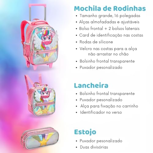 Mochila Kit Infantil Rodinhas Gel Unicórnio Lancheira Estojo (Rosa)