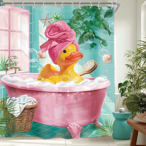Homewelle Funny Rubber Duck Shower Curtain Cute Yellow Pink Kids Animal in Bathtub Lovely Green Plants Botanical Brush 60Wx72H Inch for Teens Boys Girls Waterproof Polyester Fabric Bathroom Bathtub