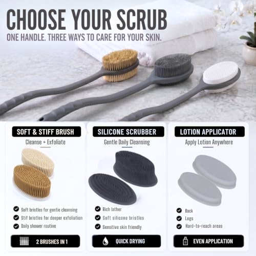 Image of Avilana Shower Body Brush with Long Curved Handle, Long Handle Silicone Back Brush with Long Double Sided Handle, Shower Brush with Soft and Rigid Bristles (Long Silicone Handle,