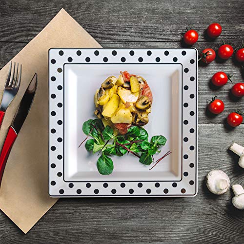 Oasis Creations White Square Plates With Silver Polka Dots On Rim 10" - 50 Count - Premium Hard White Plastic -Disposable And Reusable-Salad Plate -Appetizer Plate -Dinner Plate -Party Plate Set #TOP2