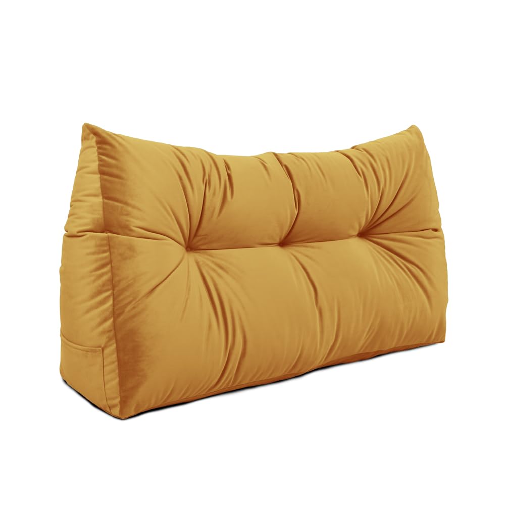 Lancashire Textiles Mustard 20 X 50 X 90Cm (Single Bed) Luxury Velvet Triangular Wedge Bedroom Headboard Cushion - Headboard Bolster Support Pillow For Bed, Sofa, Chair - Made In Britain