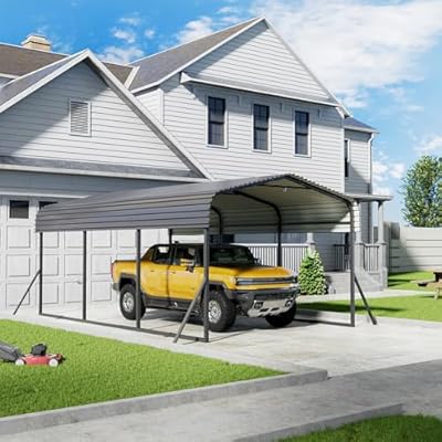 GS CHIER 10x15FT Metal Carport, Heavy Duty Carport with Galvanized Steel Roof and Enhanced Base, Upgraded Large Outdoor Carport Canopy, Metal Carport Garage for Cars, Boats, Trucks, Gray(10x15FT)