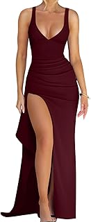 Women's Sexy Plunge Neckline Bodycon Ruched High Slit Party Maxi Dress