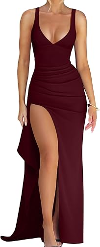 Memoriesea Women's Sexy Plunge Neckline Bodycon Ruched High Slit Party Maxi D...