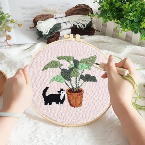 Image of KESTAR Punch Needle Embroidery Starter Kits, Black and White Cat Plant Punch Needle Kits for Adults Beginner, Needle Punch Kit Tool with Instruction Threader Fabric Yarns and Hoop