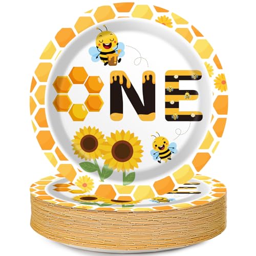 Qyeahkj 48 Pcs Bee 1st Birthday Party Plates First Bee Day Disposable Paper Dessert Plates Supplies for Bee Birthday Baby Shower Dessert Plates Tableware Decorations