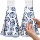 CUTHOLLOW Blue and White Porcelain Hanging Kitchen Towels with Loop, Set of 2 - Soft Super Absorbent Microfiber Decorative Hanging Dish & Hand Towel, Tea, Coffee Towel for Kitchen Bathroom Oven Handle