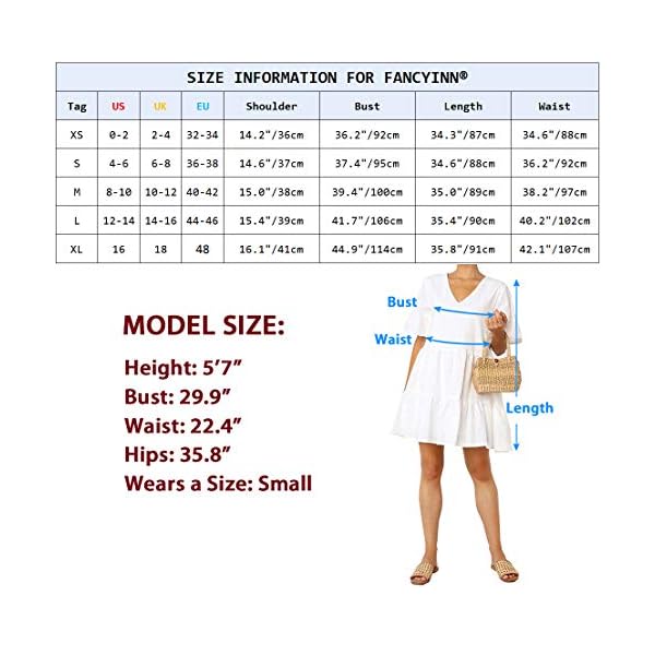 FANCYINN Womens White Cute Shift Dress Short Bell Sleeve Ruffle Hem V Neck Loose Swing Tunic Mini Dress with Pockets M