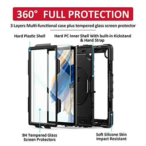 Samsung Galaxy Tab A8 10.5 Inch Case 2022 Sm-X200/X205/X207, [Kids Proof] Ambison Full Body Protective Case With 9H Tempered Glass Screen Protector, 360° Rotatable Kickstand & Hand Strap (Black) #TOP5