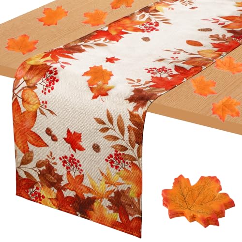 Fall Thanksgiving Table Runner 71x12inches Fall Leaves Linen Autumn Seasonal