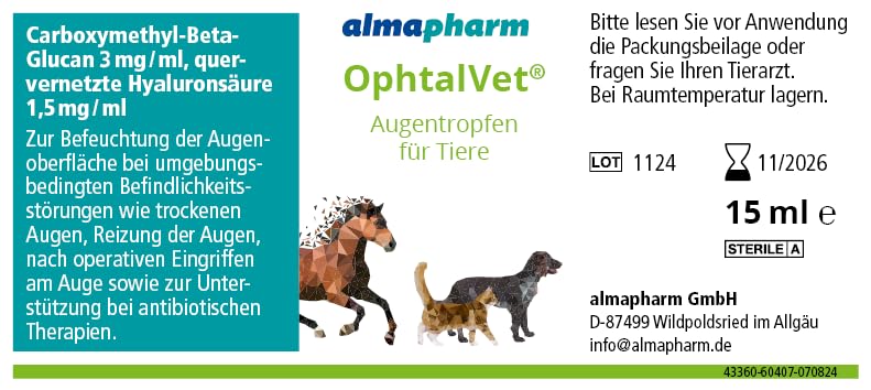 almapharm OphtalVet Augentropfen | 15 ml | Augentropfen für Hunde, Katzen, Nager, Pferde und Reptilien | Sterile isotonische Lösung | Keine Schmiereffekte und Putzreizauslösung