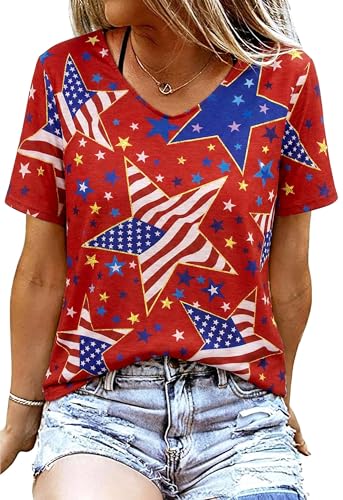American Flag T Shirt Women USA Star Stripes Fourth July Tee Shirts Casual America Flag Print V Neck Tee Tops