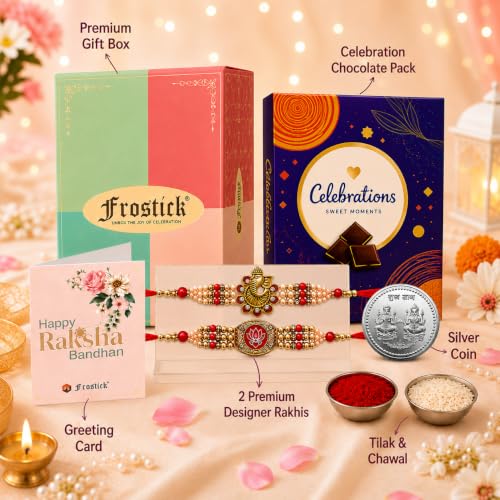Image of Frostick For Brother With Chocolate Combo, Set of 2 Premium, Rakhi Gift Hamper /Ganesha Rakhi, Krishna for Bhaiya /Bhai /Bro with Small Celebration Chocolate Pack Pair