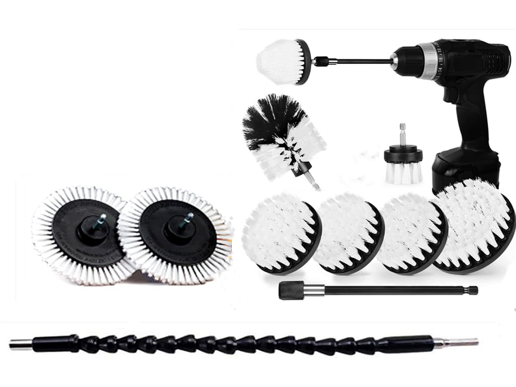 Huawell White Drill Brush Power Scrubber Cleaning Brush With 2 Extended Attachment Set Kit For Bathroom Tub, Tile, Floor, Grout, Boat And Kitchen Surface (White)