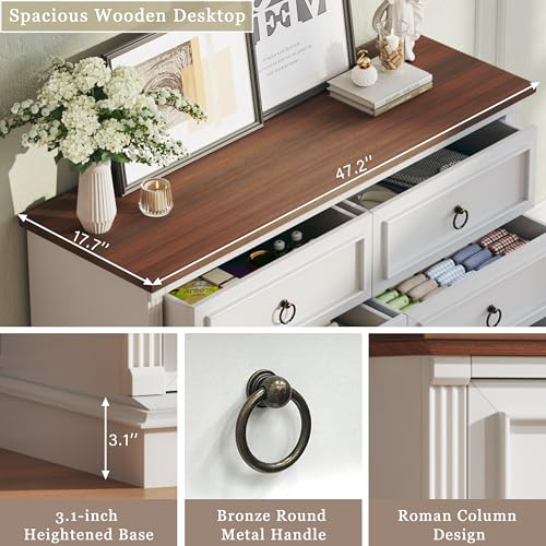 Image of HUAHUU Farmhouse 6 Drawer Dresser for Bedroom, 47 inch Wide Chest of Drawers with Roman Column, White Wood Dresser with Antique Bronze Circle Handles, Storage Organizer for Living Room, Hallway, Entryway