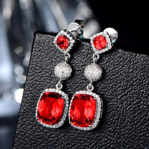 Long simulation aquamarine earrings luxury pigeon blood ruby earrings 925 sterling silver fashion square cut cubic zirconia earrings ladies wedding or engagement earrings CZC428 (Red)