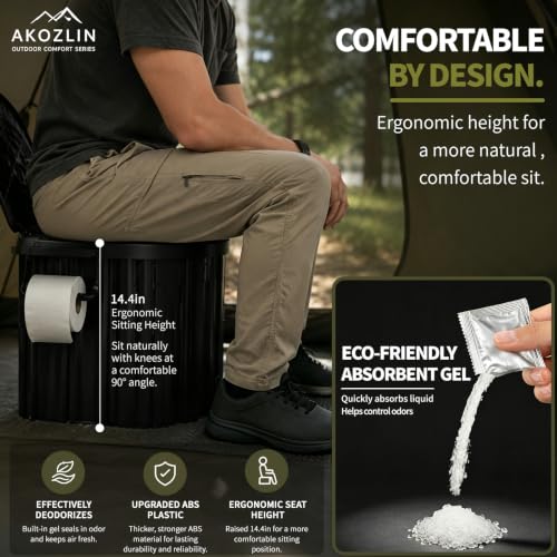 AKOZLIN Portable Camping Toilet con Tienda de Privacidad Plegable y Gel para Desechos Líquidos, Baño al Aire Libre para Adultos con Tienda para Ducha, Vestidor y Bolsa de Transporte para Camping, Senderismo y Viajes miniatura 5