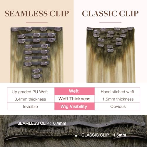 Image of GOO GOO Clip in Hair Extensions Real Human Hair, Remy Human Hair Extensions Clip ins for Women, Natural Human Hair, 14inch 130g 9Pcs, 5A /90 /16F Bahamian Balayage