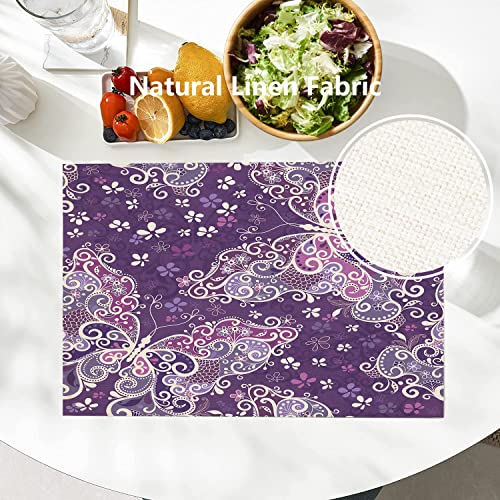 Batmerry Flower Purple Placemats, Abstract Retro Butterflies Floral Carved Swirl Woven Burlap Modern Placemats For Dining Table Kitchen Table Round Table Farmhouse Wedding Outdoor Indoor Set Of 4 #TOP1