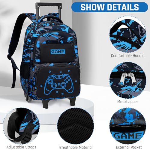 Gamer Rolling Backpack for Boys - 3PCS Boys Rolling Backpack with Lunch Box Set for Kids Children Teens Elementary Middle School,Glow in The Dark Roller Bookbag with Wheels for Age 6-183