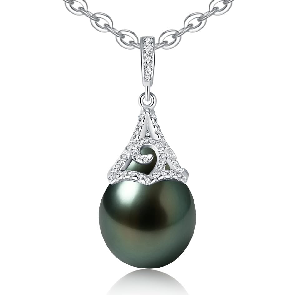 Tahitian Black Pearl Necklace, 9-12mm AAAA Natural Seawater Pearl Pendant with D Color Moissanite & 18K White Gold Plated Sterling Silver Chain, Luxury Jewelry Gifts for Women, Mother, Mom,Wife, Girlfriend, Anniversary, Birthday