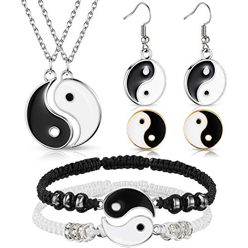 Hicarer 8 Pieces Yin Yang Pendant Necklace, Friend Bracelets Yin Yang Adjustable Cord Bracelets, Yin Yang Stud Dangle Earrings for BFF Friendship Relationship Girlfriend Valentine s Day Birthday