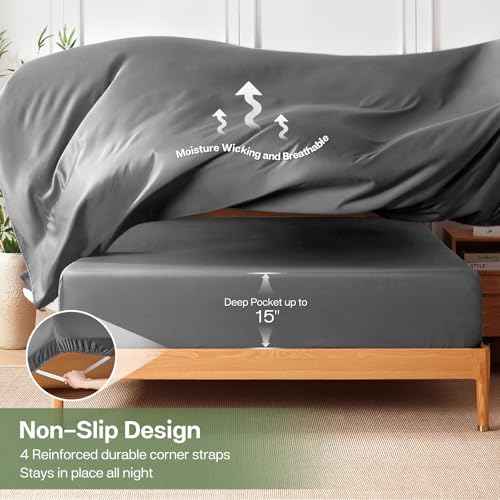 MR&HM King Size Sheets Set, 4-Piece Cooling Sheets, Rayon Derived from Bamboo & Polyester Blend, Soft & Silky, 15" Deep Pockets with Elastic Straps, Hotel Luxury for Hot Sleepers, Grey