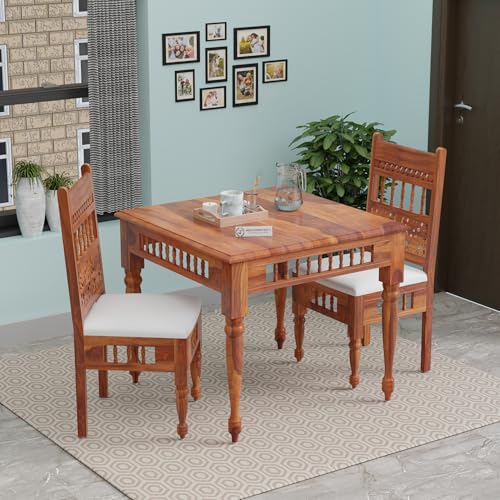 Image of Jangid Handicraft Solid Sheesham Wood 2 Seater Dining Table Set for Living Room | Two Seater Dining Table with 2 Cushions Chairs for Home | Dining Room Sets for Restaurants & Kitchen | Honey Finish