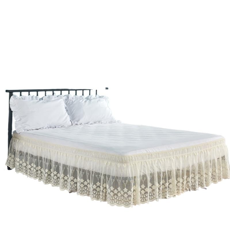 Bettrock 18 Zoll Langer, zarter Rüschen-Bettrock aus Blümchenspitze mit starken elastischen Gürteln – Frauen/Dame/Mädchen lieben Betthusse(Beige,Twin 90x190x45cm)