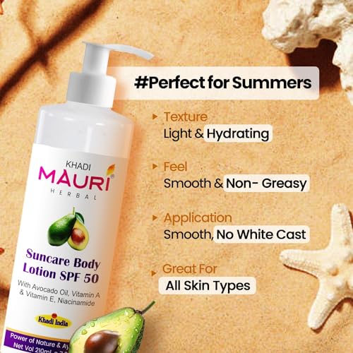 Image of Khadi Mauri Herbal Suncare Body Lotion (Sunscreen) SPF 50 | Broad Spectrum | Hydrates & Nourishes Skin | Enriched with Avocado Oil, Vitamin A & E, Niacinamide | 210 ml