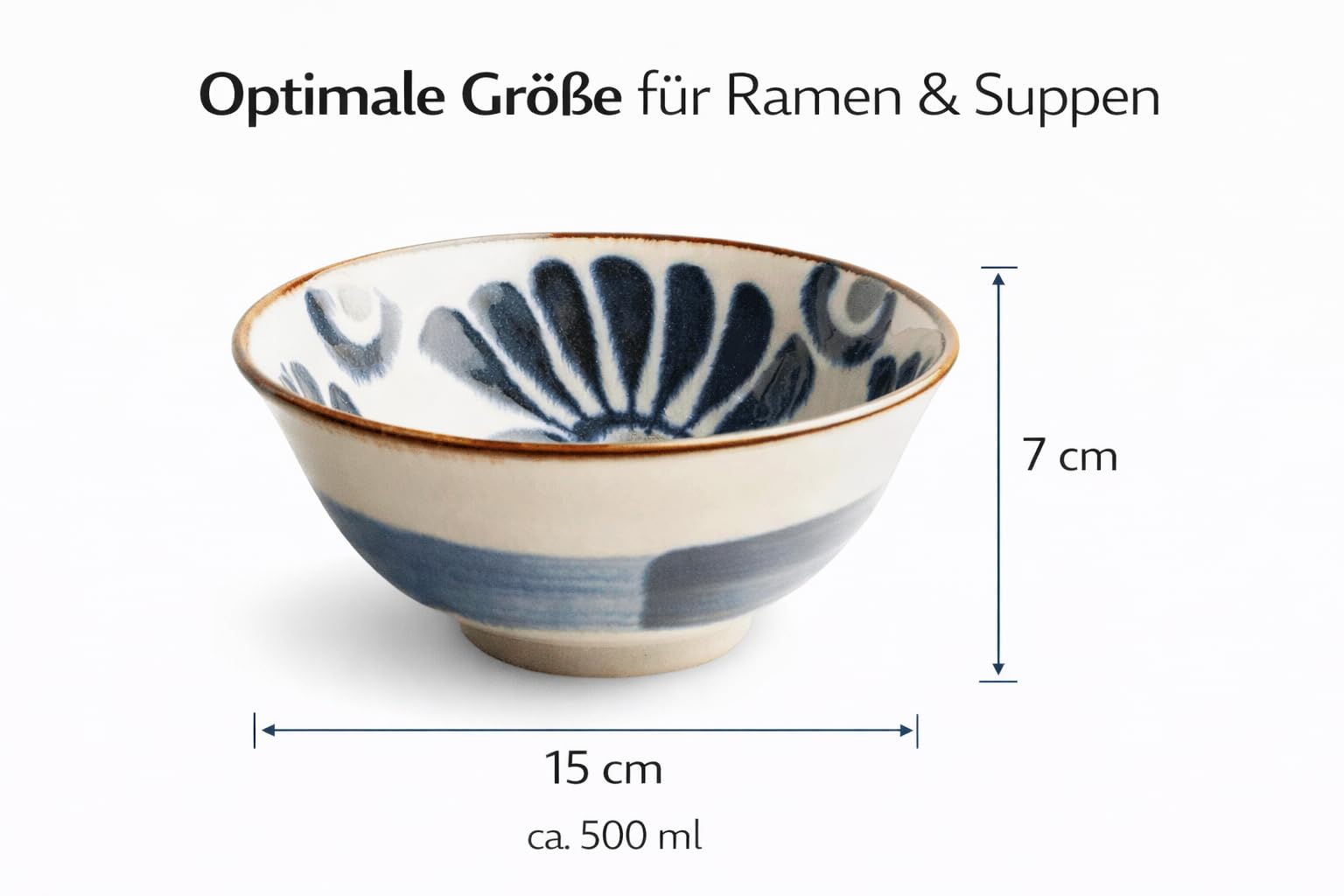 Japan-Bowls ASIATICA | Ramen Bowl Ciotole in porcellana 15 cm | Ciotola asiatica di alta qualità per riso, pasta, tapas, Udon, cereali – Ciotole da zuppa con design giapponese (set da 2 Hinagiku, blu)